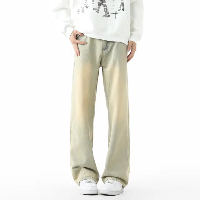 敦煌博物馆 美式高街做旧水洗扩散渐变直筒阔腿微喇垂感显高显瘦休闲长裤高级感潮流无性别主义宽松舒适基础百搭柔软牛仔裤 男女同款