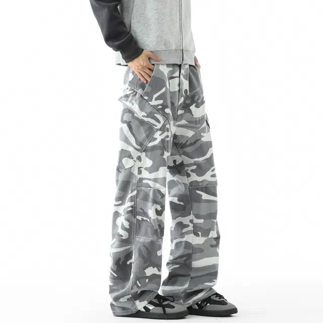 敦煌博物馆 美式巴恩高街迷彩印花中腰直筒裤腿微喇斜插口袋休闲长裤系带潮流街头嘻哈学院风显高显瘦百搭工装裤 男女同款