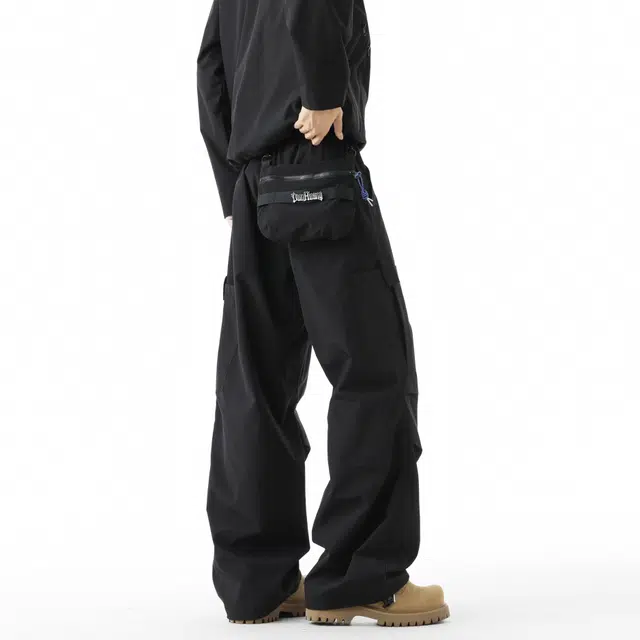 敦煌博物馆 美式高街防泼水可拆卸腰包直筒阔腿巴恩风长裤户外运动爬山徒步可调节裤脚褶皱百搭显高显瘦伞兵机能工装裤 男女同款