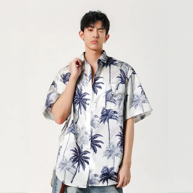 敦煌博物馆 美式复古宽松夏威夷海边沙滩风花卉薄款亲肤透气翻领纽扣印花百搭休闲短袖衬衫 男女同款
