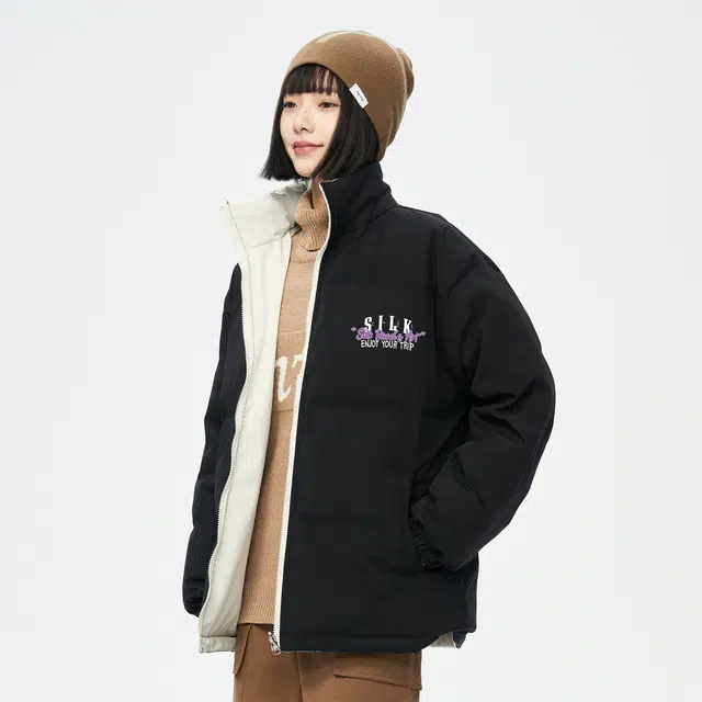 敦煌博物馆 双面穿宽松立领涂鸦字母印花防寒保暖羽绒服 男女同款