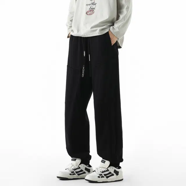 敦煌博物馆 美式复古纯色简约基础立体剪裁显高显瘦宽松直筒束脚长裤松紧腰绳舒适百搭户外运动休闲通勤工装裤 男女同款