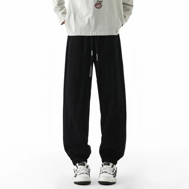 敦煌博物馆 美式复古纯色简约基础立体剪裁显高显瘦宽松直筒束脚长裤松紧腰绳舒适百搭户外运动休闲通勤工装裤 男女同款