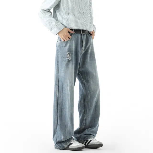 敦煌博物馆 美式高街水洗做旧手工磨破闪电纹高级感直筒垂感微喇显高显瘦长裤中腰系带潮流嘻哈风百搭休闲牛仔裤 男女同款