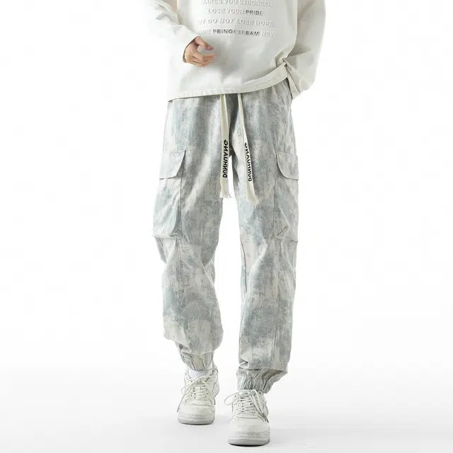 敦煌博物馆 美式高街复古户外通勤抽绳系带扎染设计大口袋机能休闲宽松大码舒适百搭显高显瘦束脚工装裤 男女同款