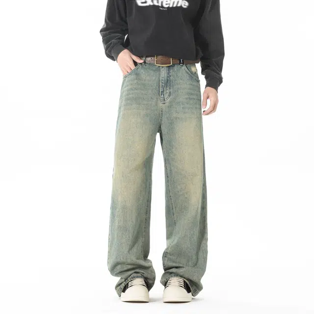 敦煌博物馆 美式复古重磅水洗做旧渐变柔软垂感直筒阔腿显高显瘦长裤中腰系带学院风简约百搭休闲微弹微喇牛仔裤 男女同款