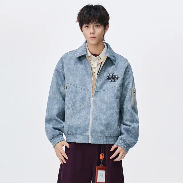敦煌博物馆 美式复古翻领扎染提花字母万针刺绣仿牛仔工装外套无性别主义宽松大码休闲户外通勤防风舒适百搭夹克 男女同款