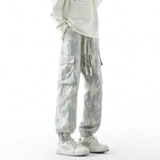 敦煌博物馆 美式高街复古户外通勤抽绳系带扎染设计大口袋机能休闲宽松大码舒适百搭显高显瘦束脚工装裤 男女同款