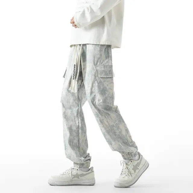 敦煌博物馆 美式高街复古户外通勤抽绳系带扎染设计大口袋机能休闲宽松大码舒适百搭显高显瘦束脚工装裤 男女同款