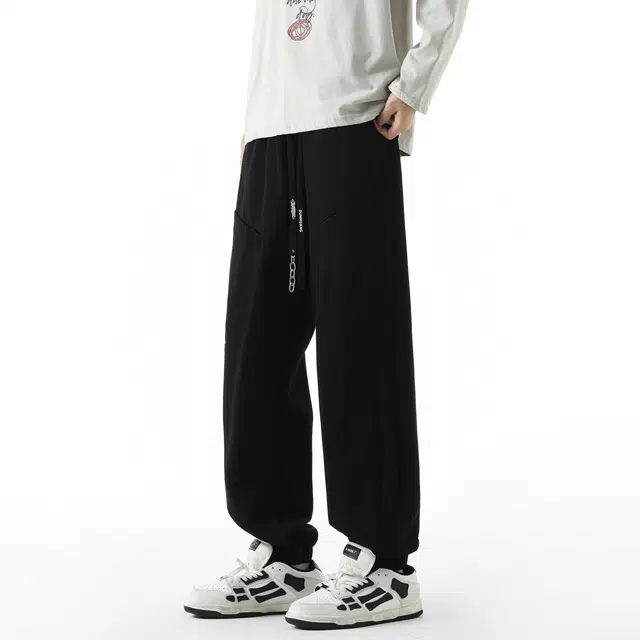 敦煌博物馆 美式复古纯色简约基础立体剪裁显高显瘦宽松直筒束脚长裤松紧腰绳舒适百搭户外运动休闲通勤工装裤 男女同款