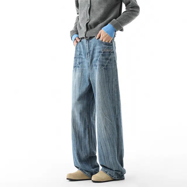 敦煌博物馆 美式高街复古老钱风水洗做旧闪电裂纹挑位扎染直筒阔腿微喇裤日常运动休闲通勤百搭牛仔裤 男女同款