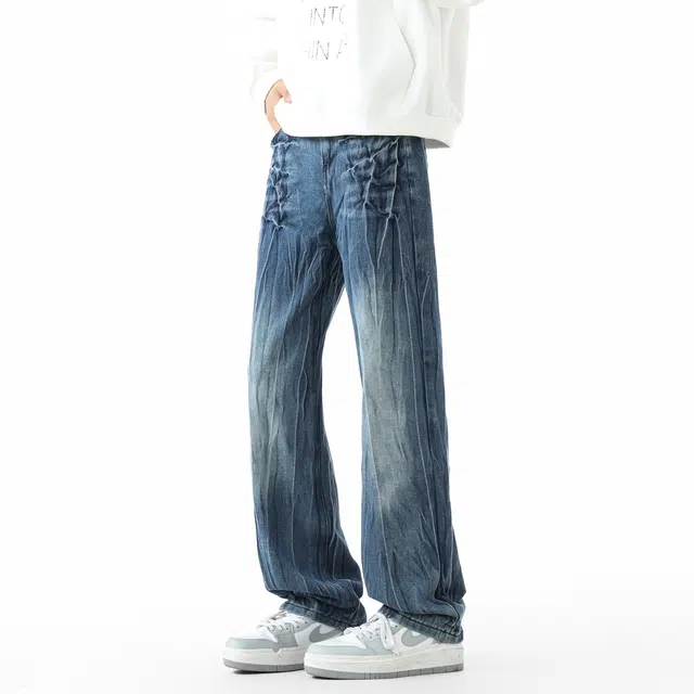 敦煌博物馆 美式高街水洗做旧闪电裂纹直筒阔腿微喇垂感休闲长裤中腰无性别主义高级感百搭柔软牛仔裤 男女同款