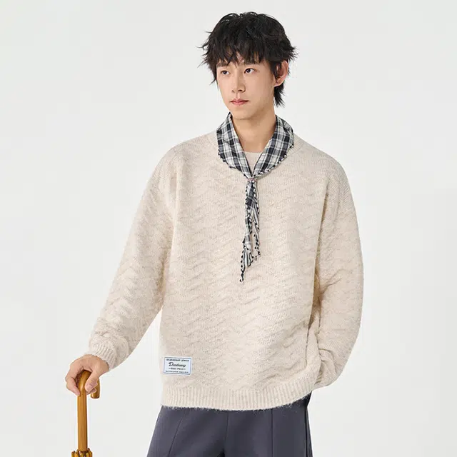 敦煌博物馆 日系复古松弛慵懒感纯色简约上衣个性波浪纹提花时尚保暖百搭软糯休闲舒适套头圆领针织毛衣 男女同款