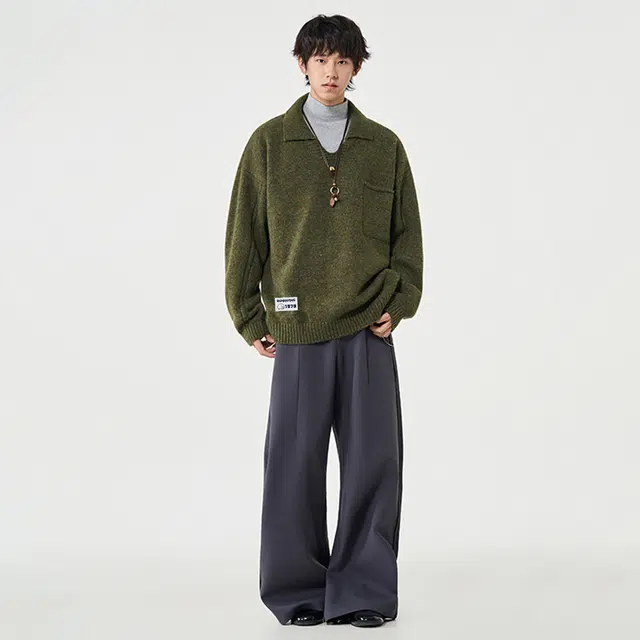 敦煌博物馆 美式复古慵懒感简约织唛标潮流翻领针织上衣学院风经典百搭宽松软糯舒适休闲通勤毛衣 男女同款