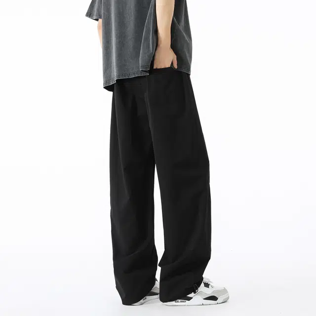 敦煌博物馆 美式高街褶皱设计宽松百搭户外通勤冰丝薄款抽绳系带弯刀裤纯色大码速干透气垂感阔腿休闲裤 男女同款