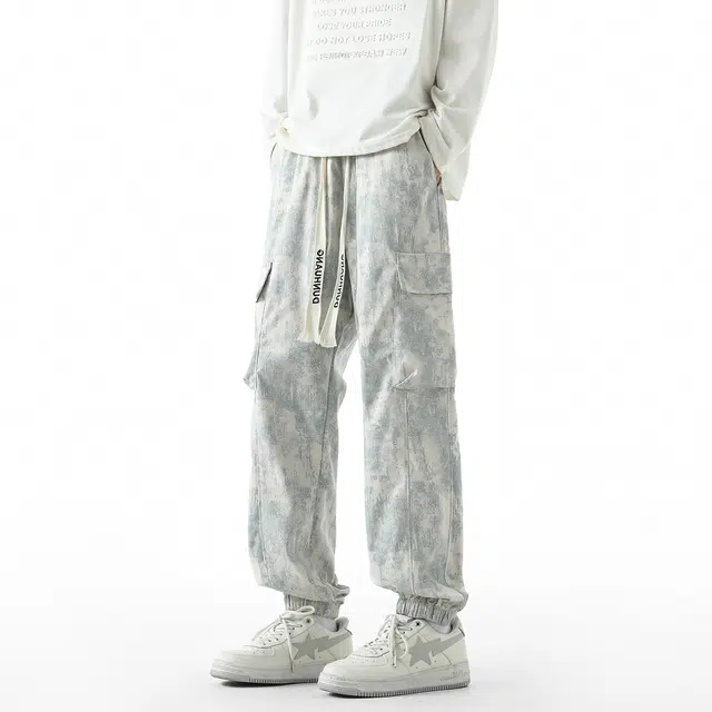 敦煌博物馆 美式高街复古户外通勤抽绳系带扎染设计大口袋机能休闲宽松大码舒适百搭显高显瘦束脚工装裤 男女同款