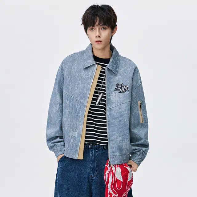 敦煌博物馆 美式复古翻领扎染提花字母万针刺绣仿牛仔工装外套无性别主义宽松大码休闲户外通勤防风舒适百搭夹克 男女同款