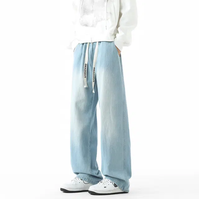 敦煌博物馆 美式复古高街潮流基础款水洗做旧经典通勤百搭舒适垂感中腰宽松牛仔裤 男女同款