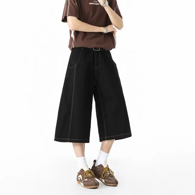 敦煌博物馆 美式复古原色水洗学院风宽松阔腿直筒潮流高级感七分裤薄款亲肤透气舒适通勤休闲百搭牛仔短裤 男女同款