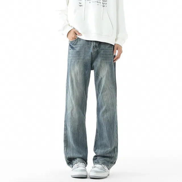 敦煌博物馆 美式高街闪电纹复古水洗做旧直筒休闲宽松百搭潮牌垂感牛仔裤 男女同款