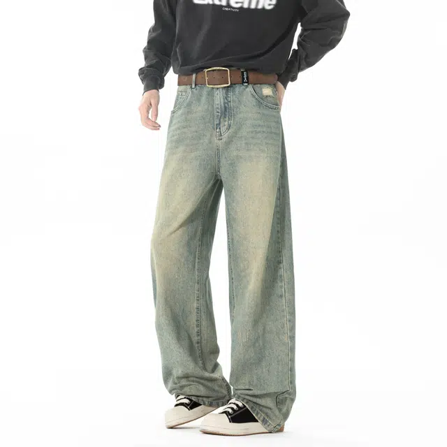 敦煌博物馆 美式复古重磅水洗做旧渐变柔软垂感直筒阔腿显高显瘦长裤中腰系带学院风简约百搭休闲微弹微喇牛仔裤 男女同款