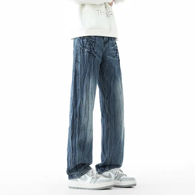 敦煌博物馆 美式高街水洗做旧闪电裂纹直筒阔腿微喇垂感休闲长裤中腰无性别主义高级感百搭柔软牛仔裤 男女同款