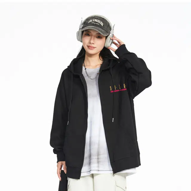 敦煌博物馆 美式高街创意潮流撞色字母印花拉链连帽宽松舒适亲肤纯色简约基础百搭运动休闲长袖卫衣 男女同款