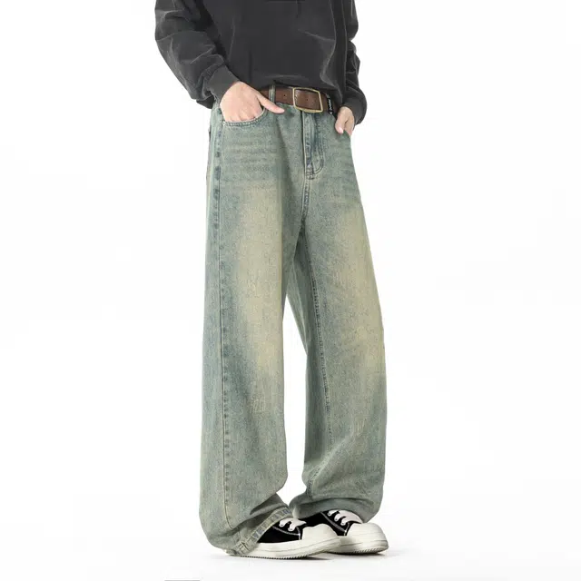 敦煌博物馆 美式复古重磅水洗做旧渐变柔软垂感直筒阔腿显高显瘦长裤中腰系带学院风简约百搭休闲微弹微喇牛仔裤 男女同款