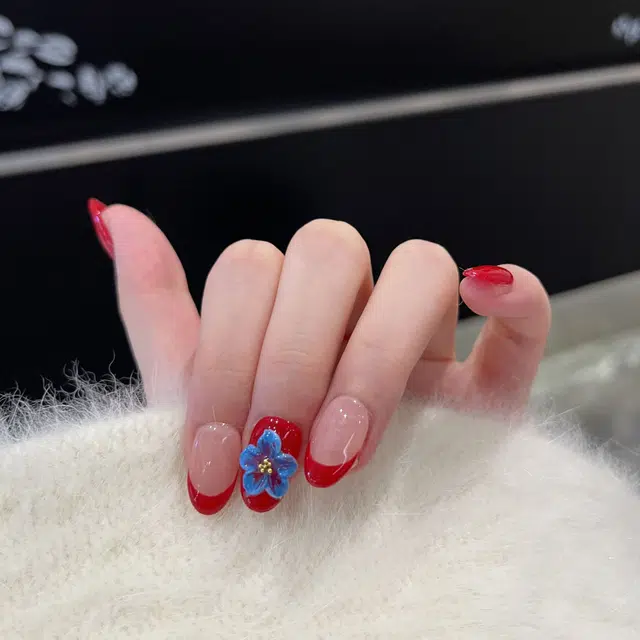 几多萌 【景泰蓝花】纯手工穿戴甲法式美甲立体雕花甲片欧美甲  椭圆红色跳色