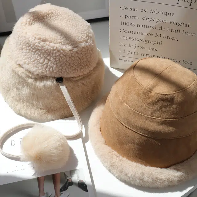 稻草人 秋冬甜美可爱百搭毛绒盆帽显脸小 加绒保暖防风 麂皮绒 渔夫帽 女款