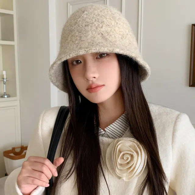 稻草人 韩版纯色毛绒高级感百搭素颜显脸小 聚酯纤维 渔夫帽 女款