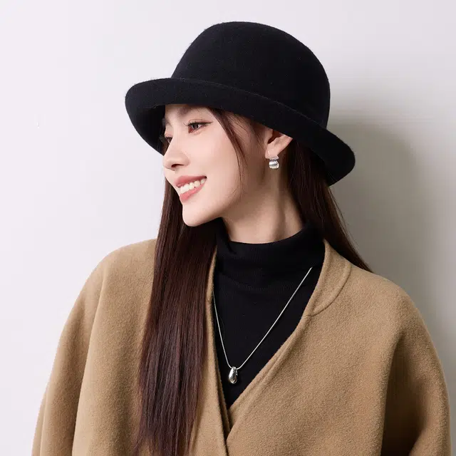 稻草人 时尚优雅卷边小盆帽 韩版复古赫本风 显脸小 羊毛 渔夫帽 女款