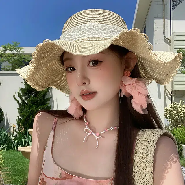 稻草人 波浪边蕾丝蝴蝶结草帽 大帽檐编织帽海边沙滩度假 遮阳 韩系百搭显脸小 纸草 防晒帽 女款