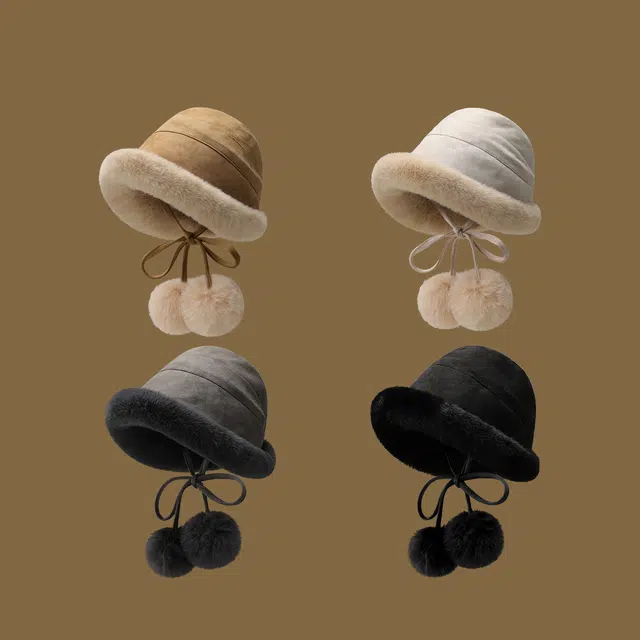 稻草人 秋冬甜美可爱百搭毛绒盆帽显脸小 加绒保暖防风 麂皮绒 渔夫帽 女款