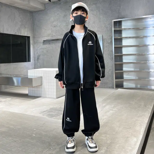 木木屋 立领舒适柔软百搭休闲运动套装 黑色 青少年