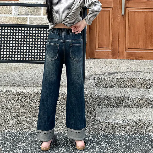 木木屋 松紧腰洋气简约纯色牛仔裤 蓝色 青少年