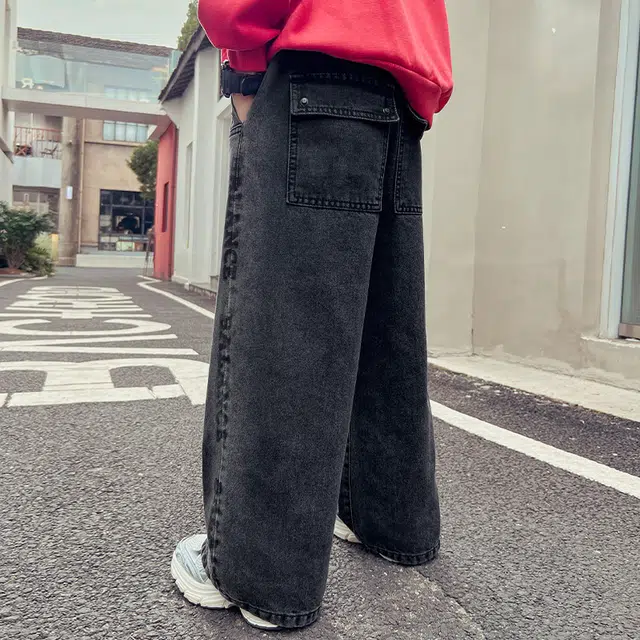 木木屋 舒适柔软亲肤洋气百搭松紧腰复古牛仔裤 青少年 黑色