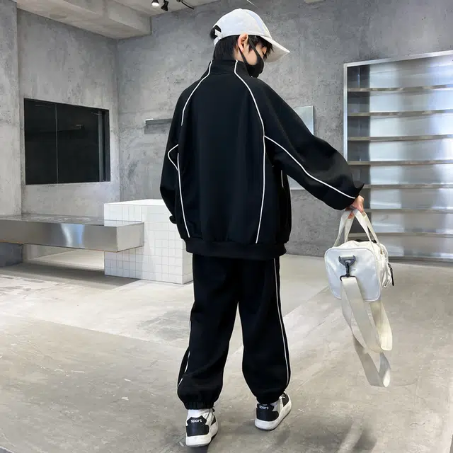 木木屋 立领舒适柔软百搭休闲运动套装 黑色 青少年