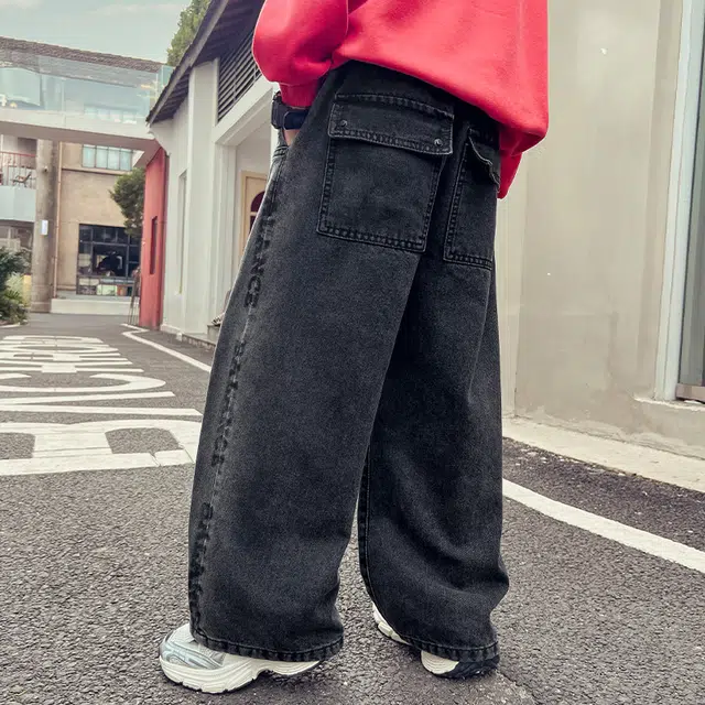 木木屋 舒适柔软亲肤洋气百搭松紧腰复古牛仔裤 青少年 黑色