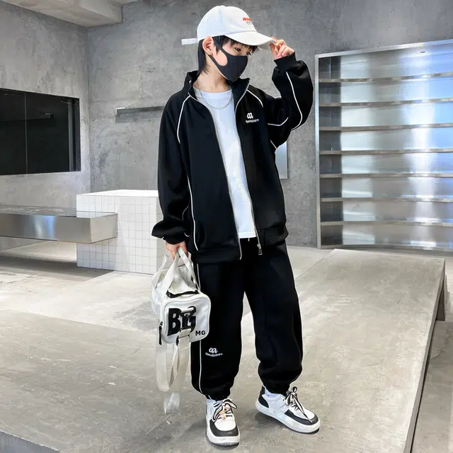 木木屋 立领舒适柔软百搭休闲运动套装 黑色 青少年