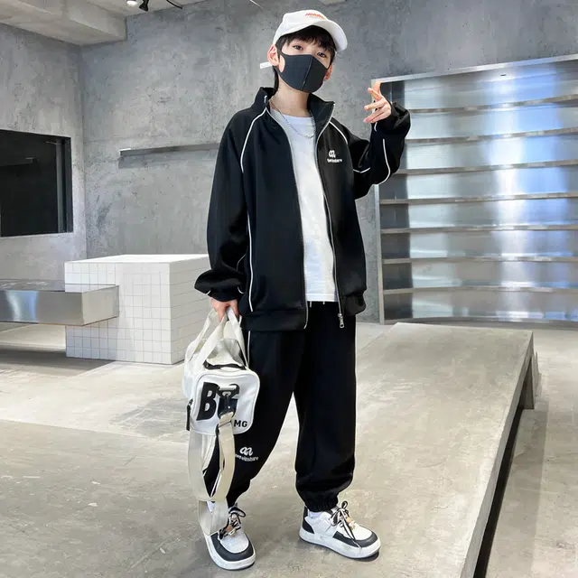 木木屋 立领舒适柔软百搭休闲运动套装 黑色 青少年