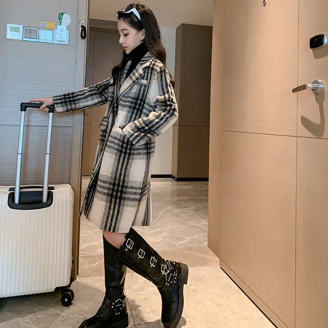 木木屋 时尚洋气中长款格子大衣 咖啡色 青少年