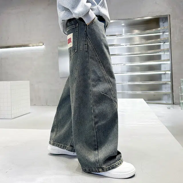 木木屋 松紧腰洋气简约字母纯色牛仔裤 蓝色 青少年