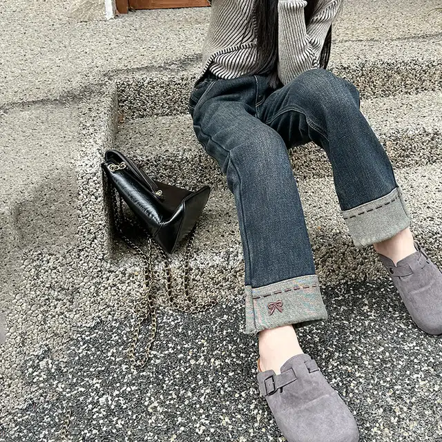 木木屋 松紧腰洋气简约纯色牛仔裤 蓝色 青少年