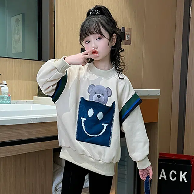木木屋 时尚洋气卡通印花拼接长袖卫衣 杏色 青少年