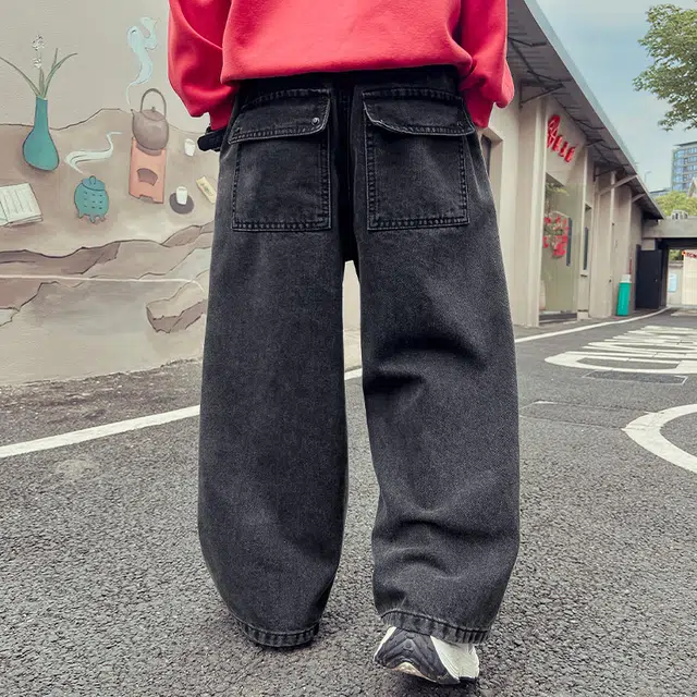 木木屋 舒适柔软亲肤洋气百搭松紧腰复古牛仔裤 青少年 黑色