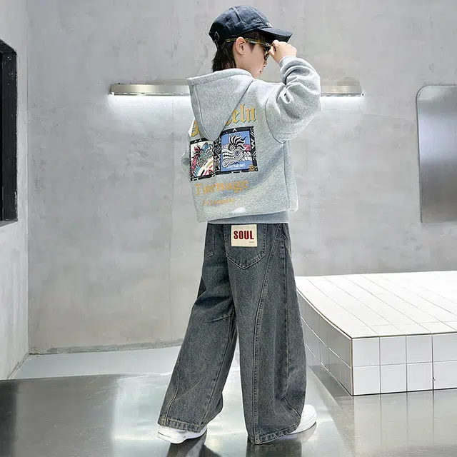 木木屋 松紧腰洋气简约字母纯色牛仔裤 蓝色 青少年