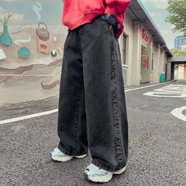 木木屋 舒适柔软亲肤洋气百搭松紧腰复古牛仔裤 青少年 黑色