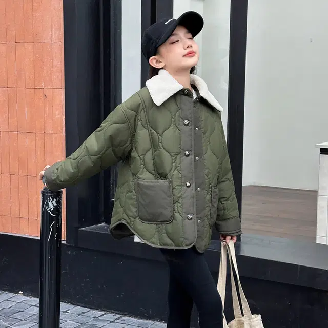 木木屋 舒适翻领亲肤棉衣 军绿色 青少年