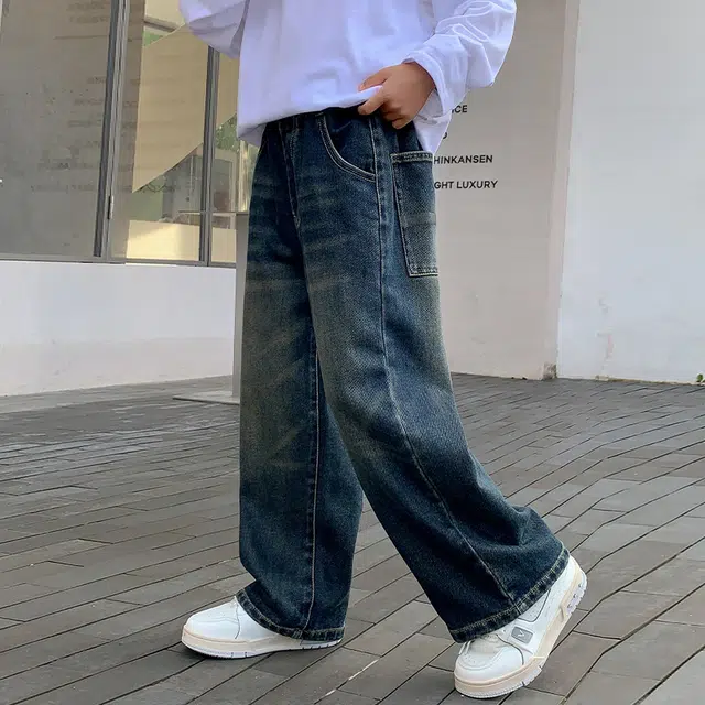 木木屋 舒适柔软亲肤洋气百搭轻盈透气松紧腰牛仔裤 蓝色 青少年